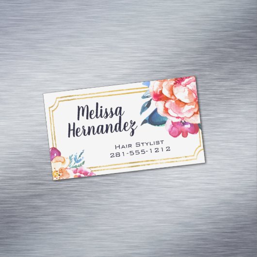Berufliches Hairstylist-Haar-rosa Mit Blumenblau Magnetische Visitenkarte (Beispiel)