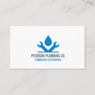 Berufliches Klempnerlogo mit Tropfen und Werkzeug Visitenkarte