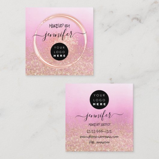 Berufliches Logo Makeup Artist Rose Rosa Glitzer Quadratische Visitenkarte (Vorne/Hinten)