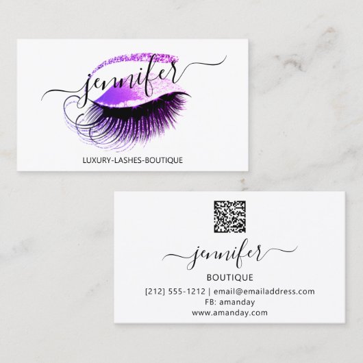 Berufliches Makeup-Lash-QR-Logo Rosa Lila Visitenkarte (Vorne/Hinten)