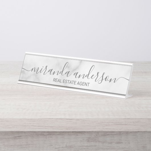 Berufliches, modernes Script in weißem Marmor Schreibtischnamensplakette (Vorderseite )