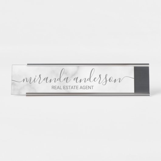Berufliches, modernes Script in weißem Marmor Schreibtischnamensplakette (Vorderseite )