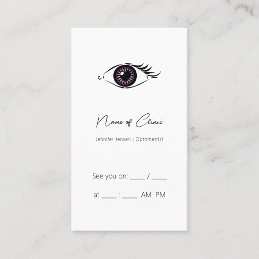 Berufliches Optometriker Lila HerzAuge Erinnerung Visitenkarte (Vorderseite)