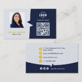 Berufliches QRCode-Foto Dunkelblau gelb Visitenkarte (Vorne/Hinten)
