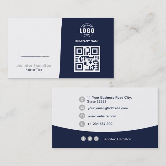 Berufliches QRCode-Foto Dunkelblau grau Visitenkarte (Vorne/Hinten)