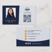 Berufliches QRCode-Foto Dunkelblauer Orange Visitenkarte (Vorne/Hinten)