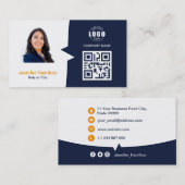 Berufliches QRCode-Foto Dunkelblauer Orange Visitenkarte (Vorne/Hinten)