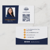 Berufliches QRCode-Foto Dunkelblauer Orange Visitenkarte (Vorne/Hinten)