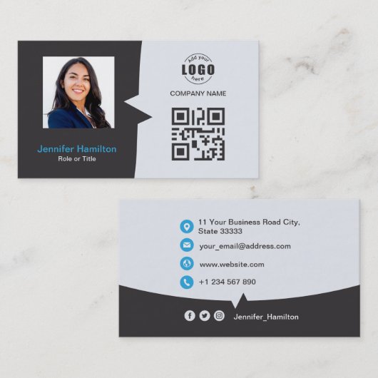 Berufliches QRCode-Foto Grau Blau Visitenkarte (Vorne/Hinten)
