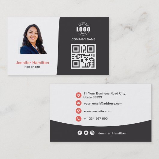 Berufliches QRCode-Foto Grau Red Visitenkarte (Vorne/Hinten)