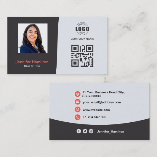 Berufliches QRCode-Foto Grau Red Visitenkarte (Vorne/Hinten)