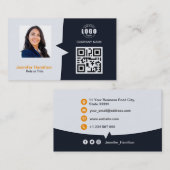 Berufliches QRCode-Foto Navy Blue Orange Visitenkarte (Vorne/Hinten)