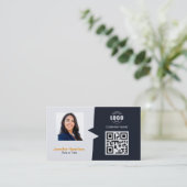 Berufliches QRCode-Foto Navy Blue Orange Visitenkarte (Stehend Vorderseite)