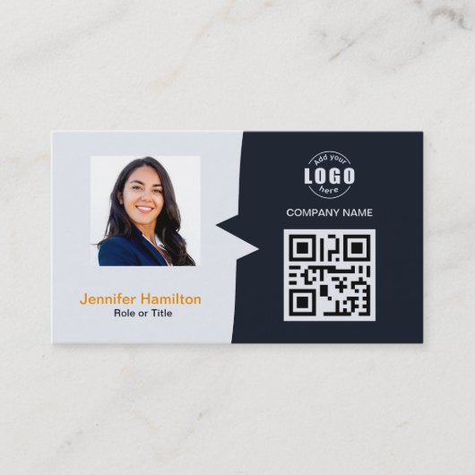 Berufliches QRCode-Foto Navy Blue Orange Visitenkarte (Vorderseite)
