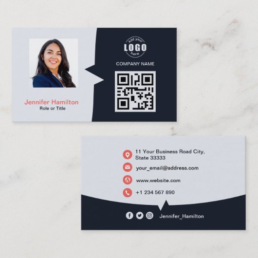 Berufliches QRCode-Foto Navy Blue Red Visitenkarte (Vorne/Hinten)
