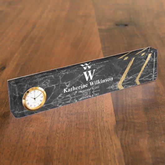 Berufliches Schwarz-Gold-Marmor-Monogramm Namensplakette (Seite)