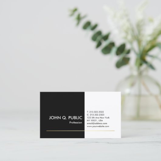 Berufliches Schwarz-weißes Gold Elegante Moderne S Visitenkarte (Stehend Vorderseite)