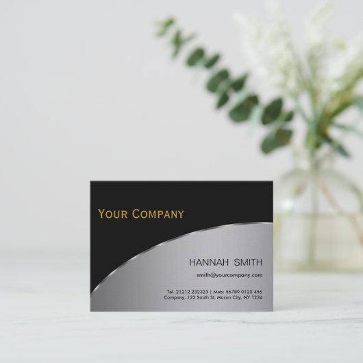 Berufliches Schwarzes Silbermetall Modernes Elegan Visitenkarte (Stehend Vorderseite)