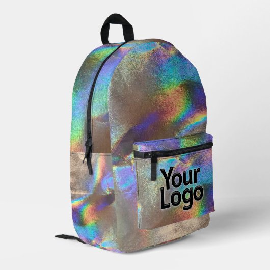 Berufliches Silver Rainbow Holograph Glam Logo Bedruckter Rucksack (Rückseitige Ecke links)