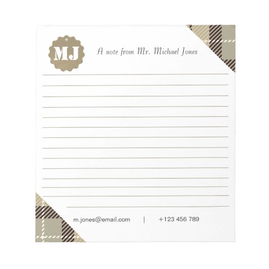 Berufliches stylisches Monogram Script Tartan Line Notizblock (Vorderseite)