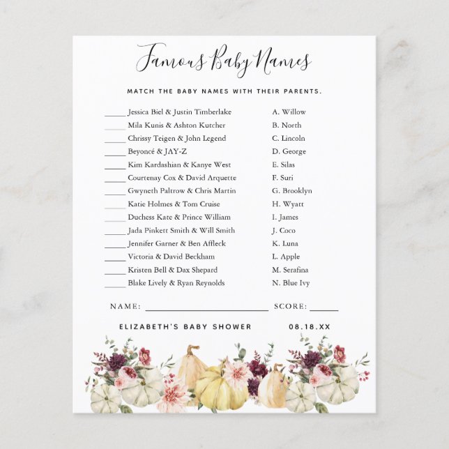 Berühmte Baby-Namen | Baby Showspiel (Vorderseite)