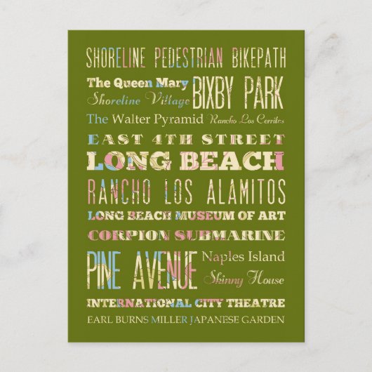 Berühmte Orte von Long Beach, Kalifornien. Postkarte (Vorderseite)