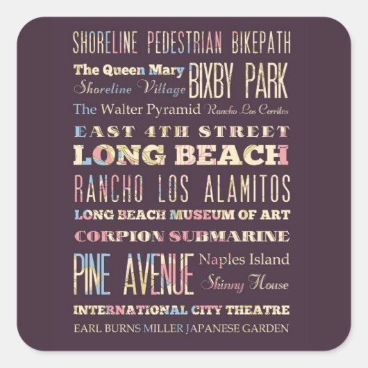 Berühmte Orte von Long Beach, Kalifornien. Quadratischer Aufkleber (Vorderseite)