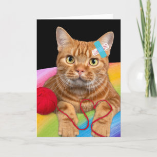 Beschädigte Katze auf Regenbogenuntergrund Karte