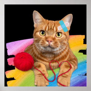 Beschädigte Katze auf Regenbogenuntergrund Poster