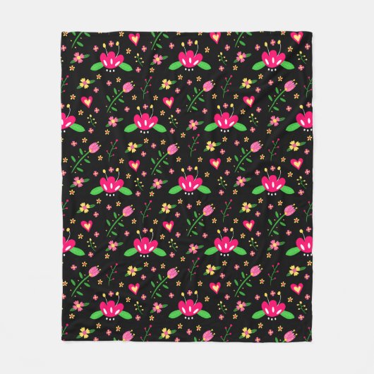 Beschäftigtes Blumenmuster auf Schwarz Fleecedecke (Vorderseite)