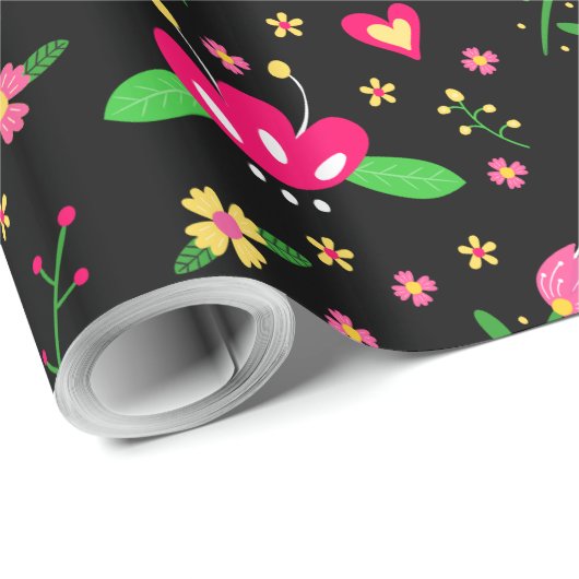 Beschäftigtes Blumenmuster auf Schwarz Geschenkpapier (Rolleneckpunkt)