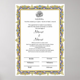 Bescheinigung der Islamischen Blumengrenze Nikkah Poster