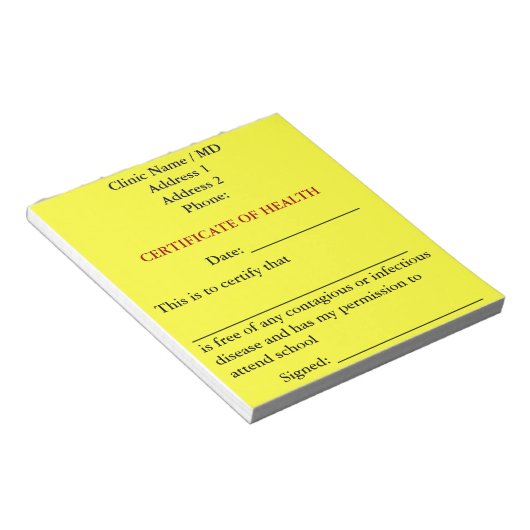 Bescheinigung über den Gesundheitsmerkmal (Kanaren Notizblock (angewinkelt)