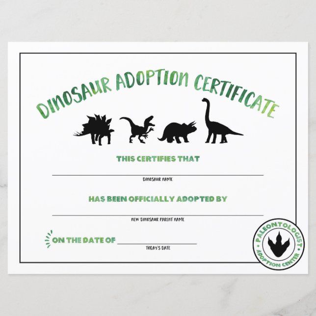 Bescheinigung über die Adoption Dinosaurier (Vorderseite)