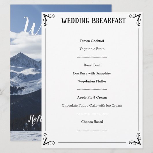 Beschreibung des besonderen Hochzeitmenüs. Menükarte (Vorne/Hinten)