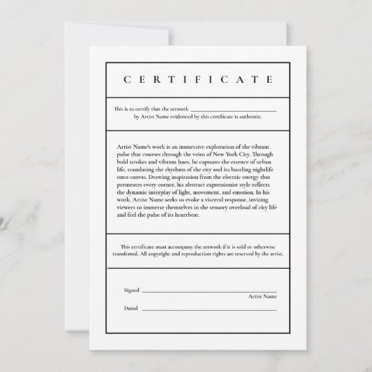 Beschreibung Modernes Echtheitszeugnis Dankeskarte (Vorderseite)