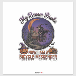Besen Brach Fahrrad Kurier Hexe Halloween Mond Aufkleber