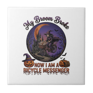 Besen Brach Fahrrad Kurier Hexe Halloween Mond Fliese