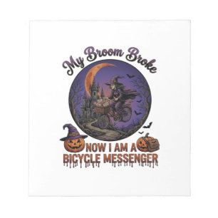 Besen Brach Fahrrad Kurier Hexe Halloween Mond Notizblock