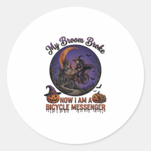 Besen Brach Fahrrad Kurier Hexe Halloween Mond Runder Aufkleber