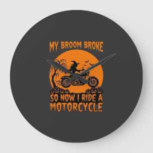 Besen Brach Halloween Hexe Motorrad Fledermäuse Kü Große Wanduhr