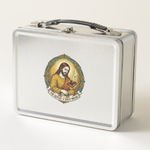 Besiegter Jesus raucht verbrannten Toast Frühstück Metall Brotdose
