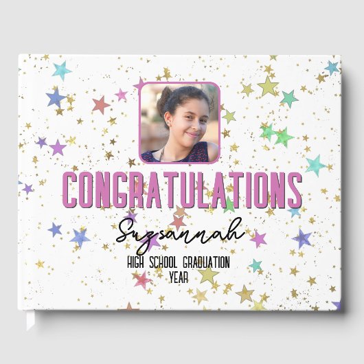 Besondere Ereignisse farbenfrohe Sterne auf weißem Gästebuch (Vorderseite)