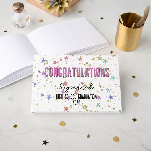 Besondere Ereignisse farbenfrohe Sterne auf weißem Gästebuch (Vorderseite Offen)