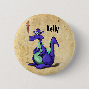 Besorgter lila Drache Cartoon Button