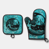 Bespoke Aqua Blue Mystical Mermaid Galley Wisdom Ofenhandschuh & Topflappen-Set (Vorderseite)