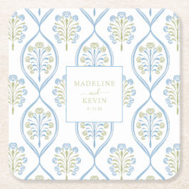 Bespoke Blue and Green Floral Wedding Pattern Rechteckiger Pappuntersetzer