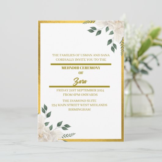 Bespoke Green und Gold Floral Mehndi Einladung (Stehend Vorderseite)