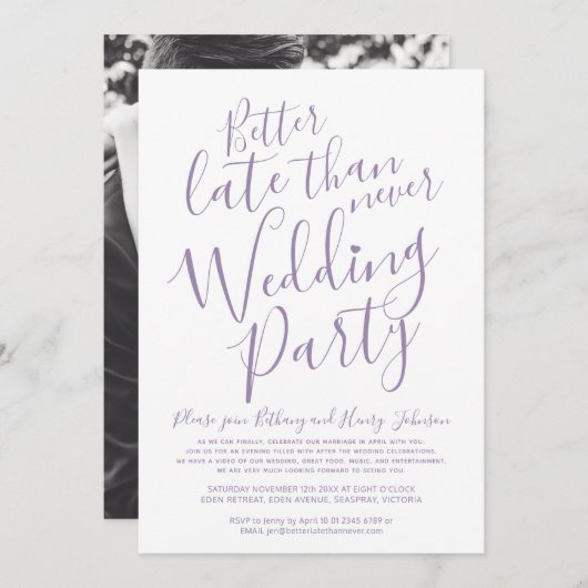 Besser spät als nie Hochzeitsfeier mutiert lila Einladung (Vorne/Hinten)
