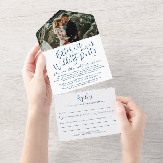 Besser spät Hochzeitsfeier UAWG blau weiß All In One Einladung (Abreißen)